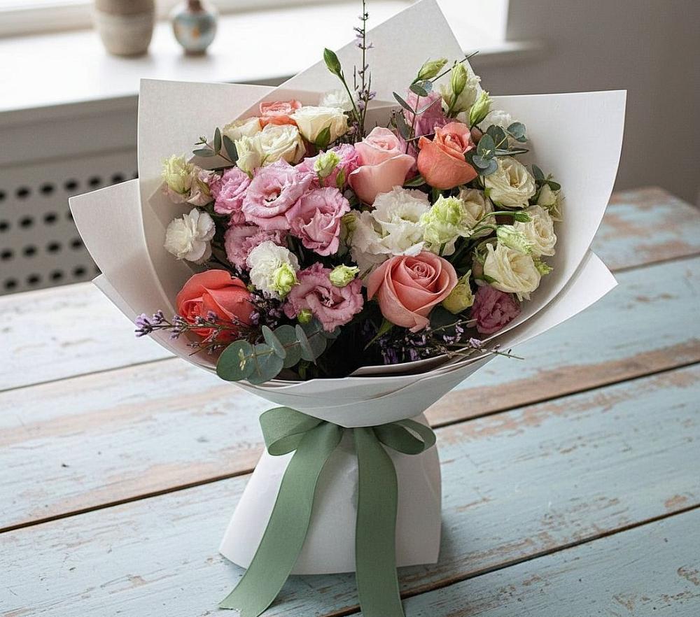 Букет цветов из: Розы, Лизиантусы и Гвоздики в Мохсоголлохе